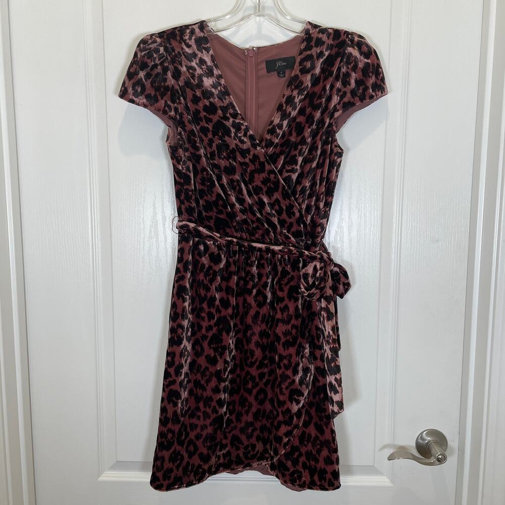 J. Crew Velvet Faux Wrap Dress Leopard Print Rose Pink Black Mini Short Sleeve 4 - Picture 2 of 6